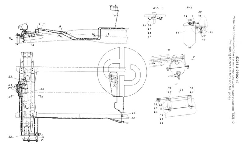 Установка топливного бачка и топливопроводов подогревателя ПЖД-12 (№54 на схеме)