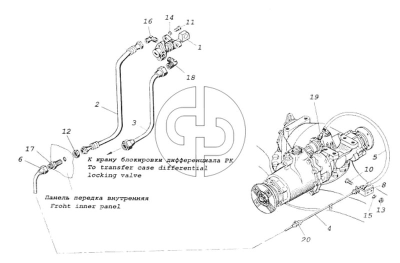 Привод блокировки межосевого дифференциала (№17 на схеме)
