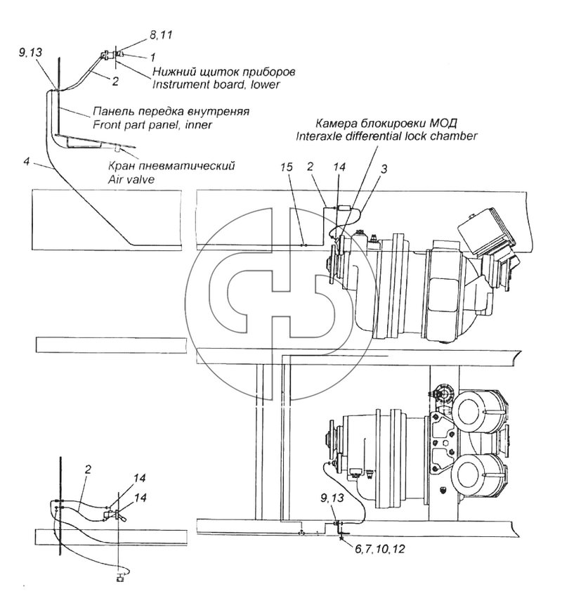 Привод блокировки межосевого дифференциала (№13 на схеме)