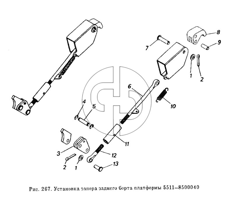 Установка запора заднего борта платформы 5511-8500040 (№8 на схеме)