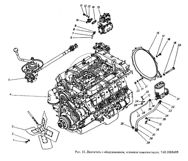 Двигатель с оборудованием, основная комплектация (№9 на схеме)