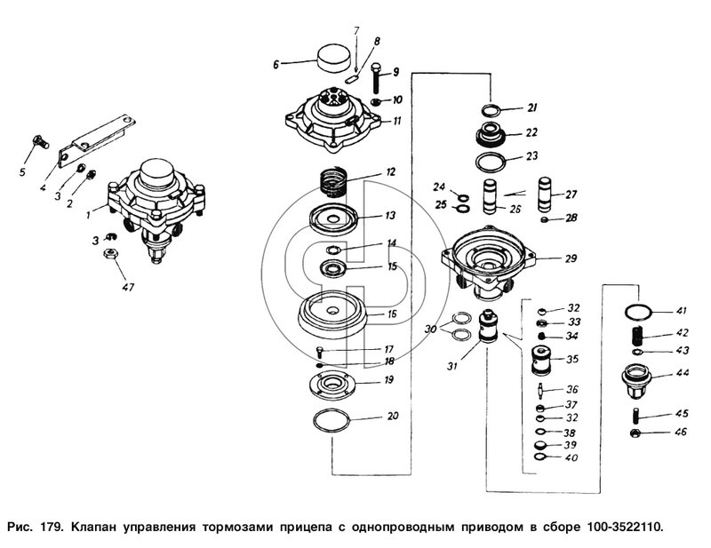 Клапан управления тормозами прицепа с однопроводным приводом в сборе (№30 на схеме)