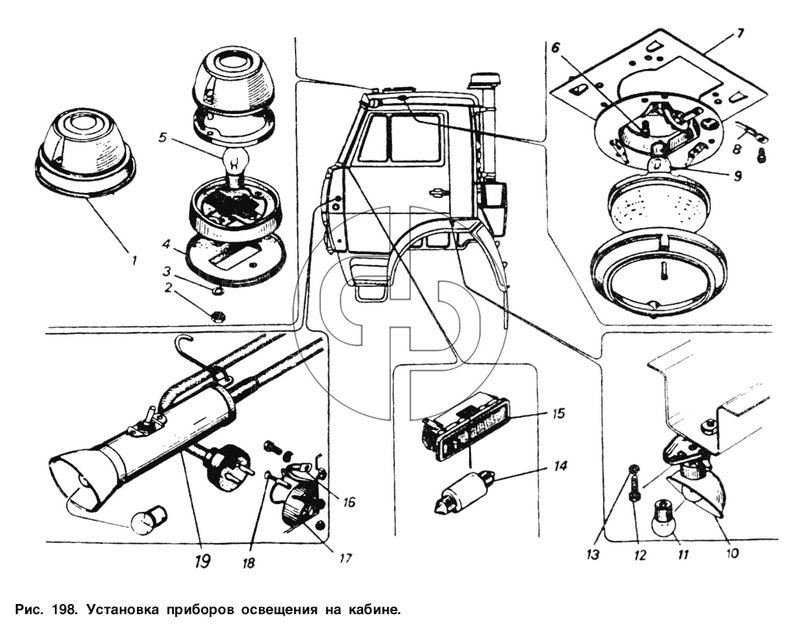 Установка приборов освещения на кабине (№4 на схеме)