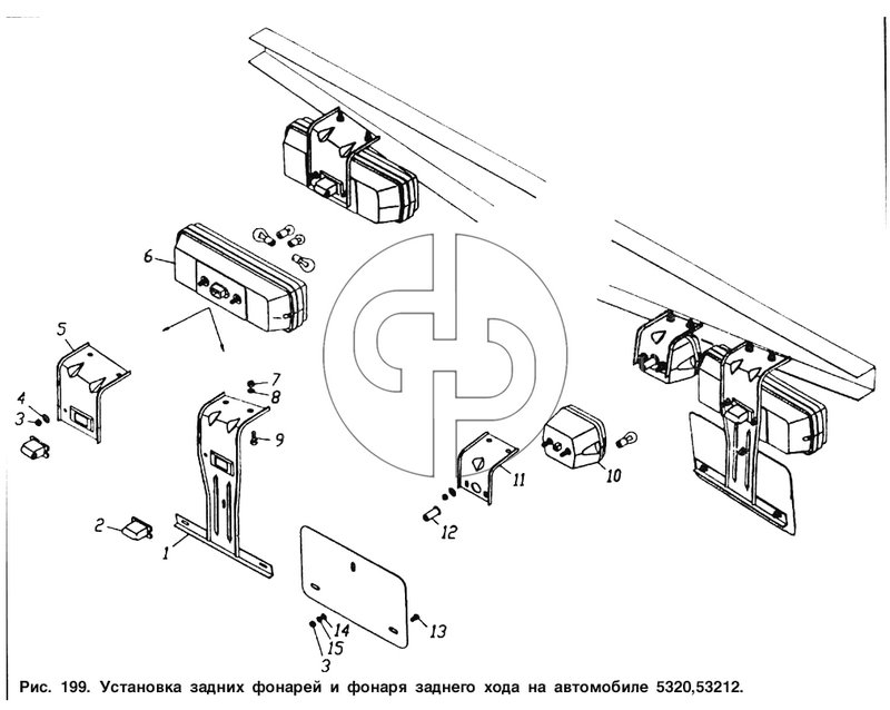 Установка задних фонарей и фонаря заднего хода на автомобиле 5320, 53212 (№2 на схеме)