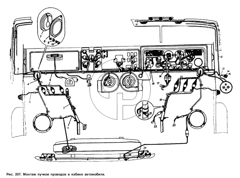 Монтаж пучков проводов в кабине автомобиля (№2 на схеме)