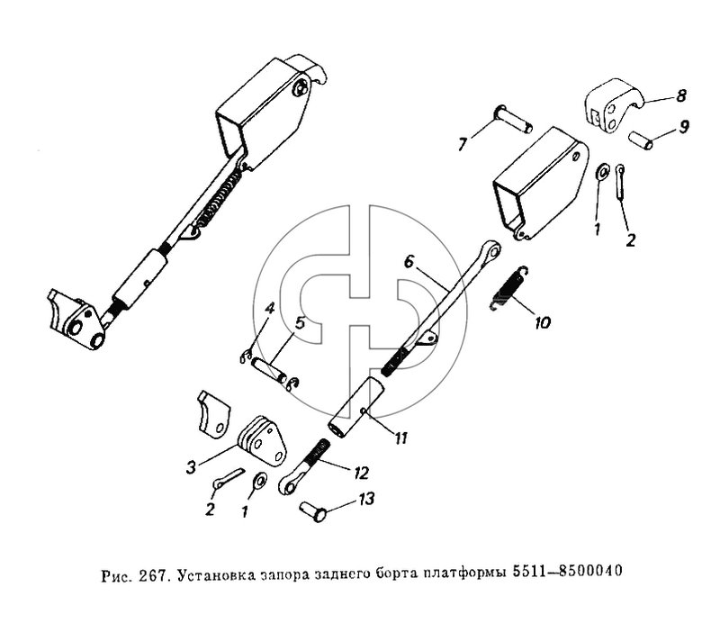 Установка запора заднего борта платформы 5511-8500040 (№8 на схеме)