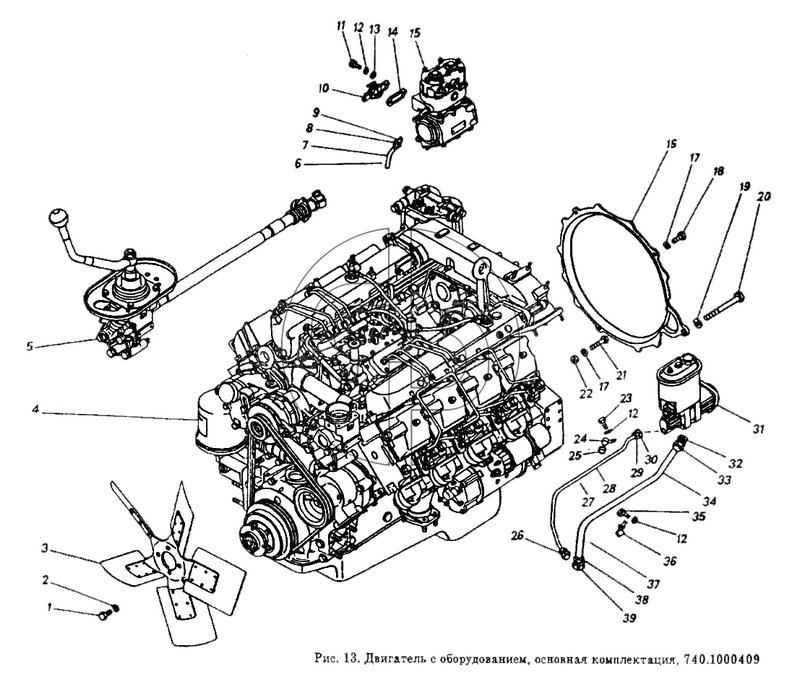 Двигатель с оборудованием, основная комплектация (№9 на схеме)
