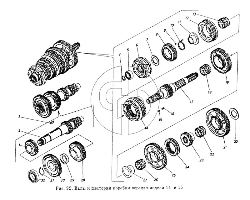 Валы и шестерни коробки передач модели 14 и 15 (№29 на схеме)