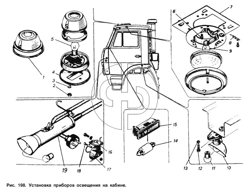 Установка приборов освещения на кабине (№4 на схеме)
