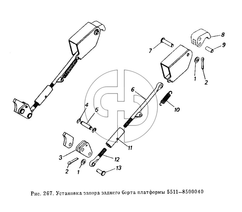 Установка запора заднего борта платформы 5511-8500040 (№8 на схеме)