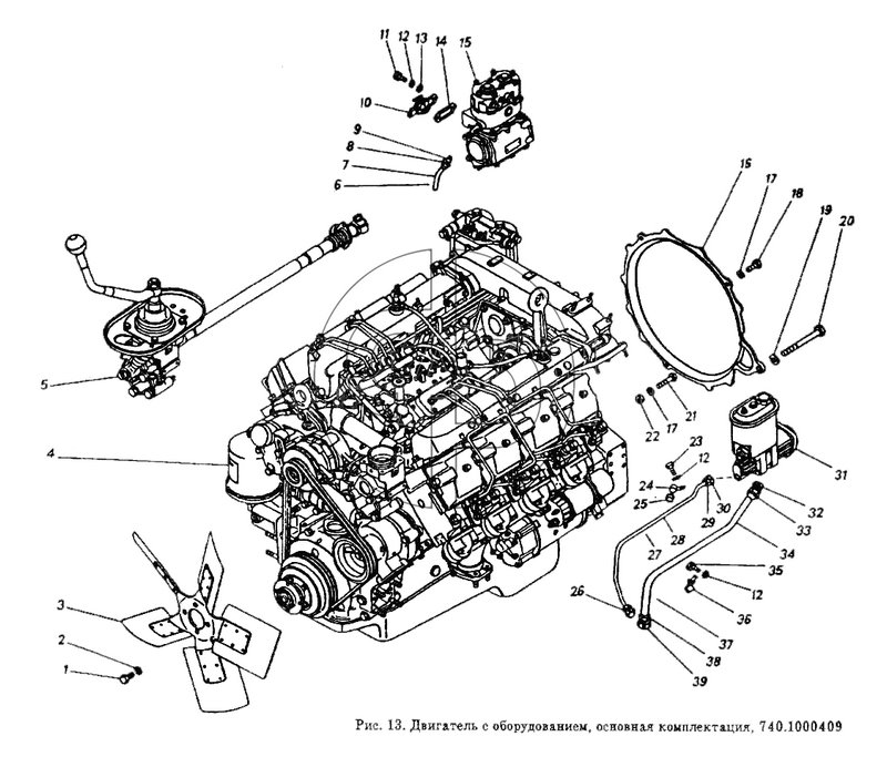 Двигатель с оборудованием, основная комплектация (№9 на схеме)