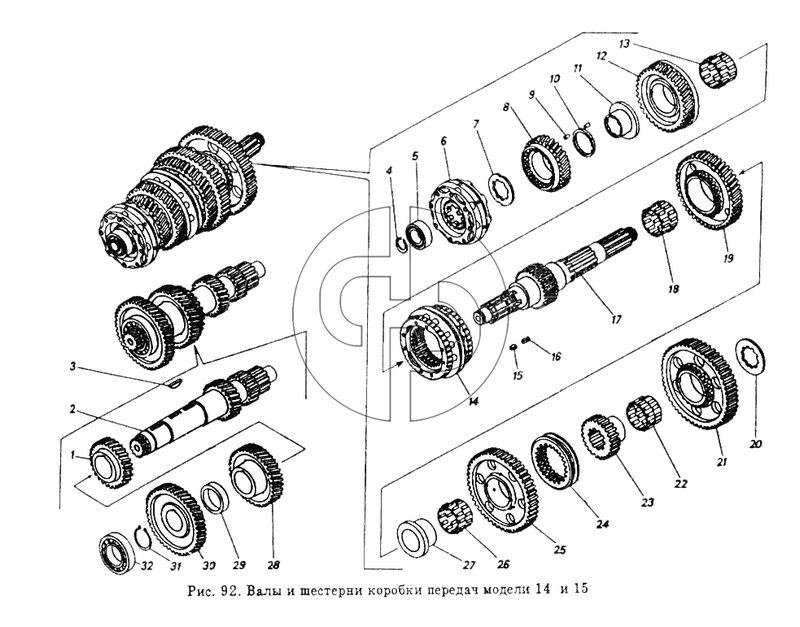 Валы и шестерни коробки передач модели 14 и 15 (№29 на схеме)