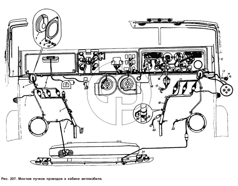 Монтаж пучков проводов в кабине автомобиля (№2 на схеме)