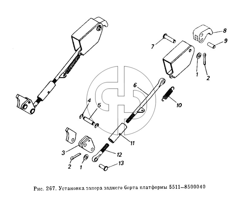 Установка запора заднего борта платформы 5511-8500040 (№8 на схеме)
