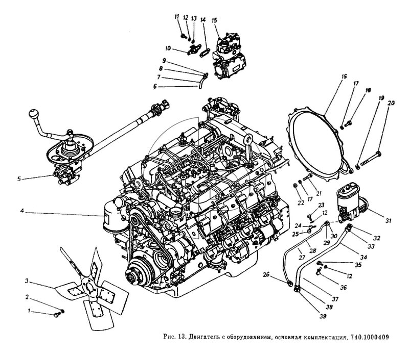 Двигатель с оборудованием, основная комплектация (№9 на схеме)