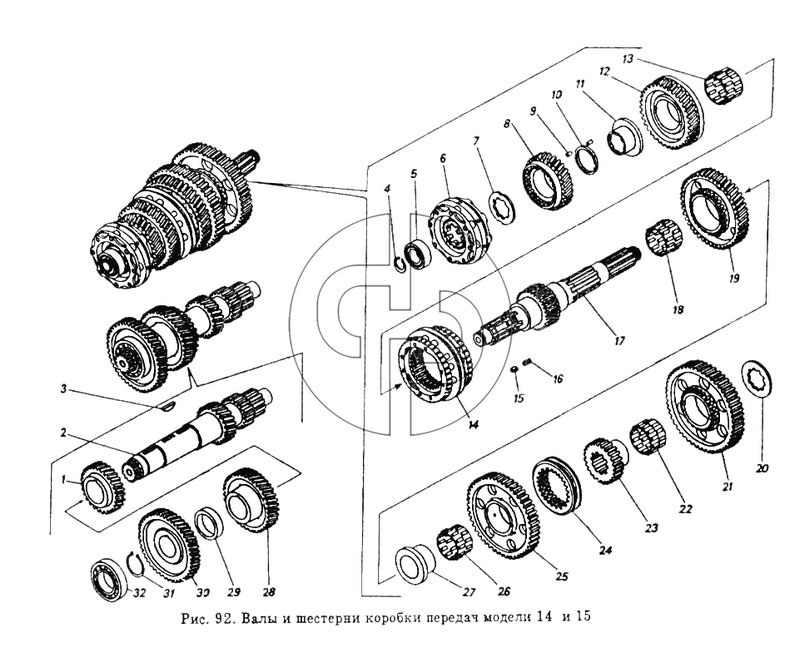 Валы и шестерни коробки передач модели 14 и 15 (№29 на схеме)
