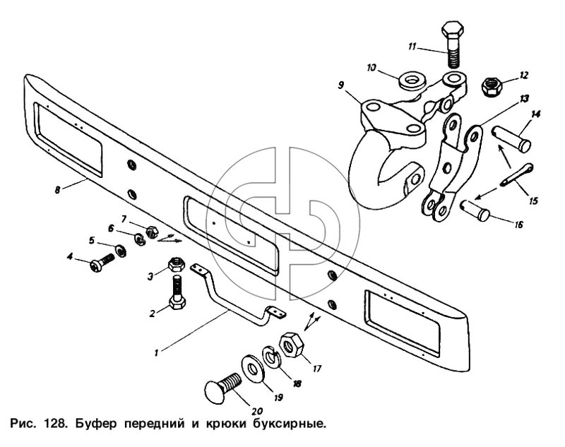 Буфер передний и крюки буксирные (№8 на схеме)
