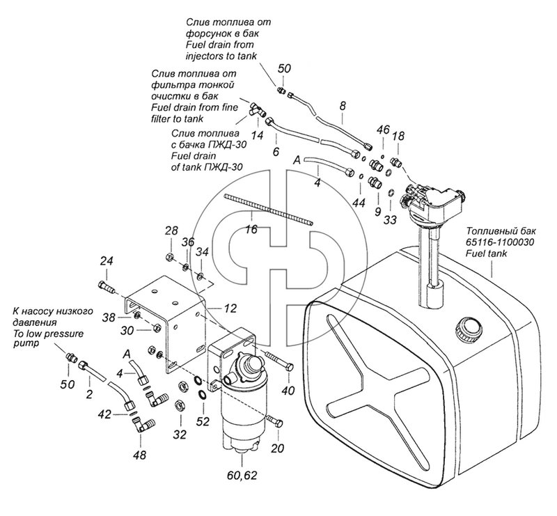6520-1105010 Установка фильтра грубой очистки топлива и топливопроводов (№48 на схеме)