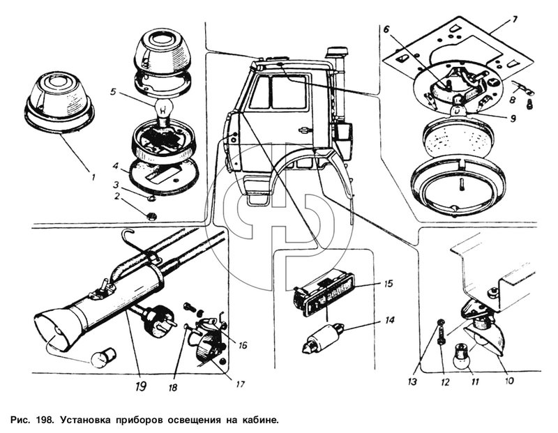 Установка приборов освещения на кабине (№4 на схеме)
