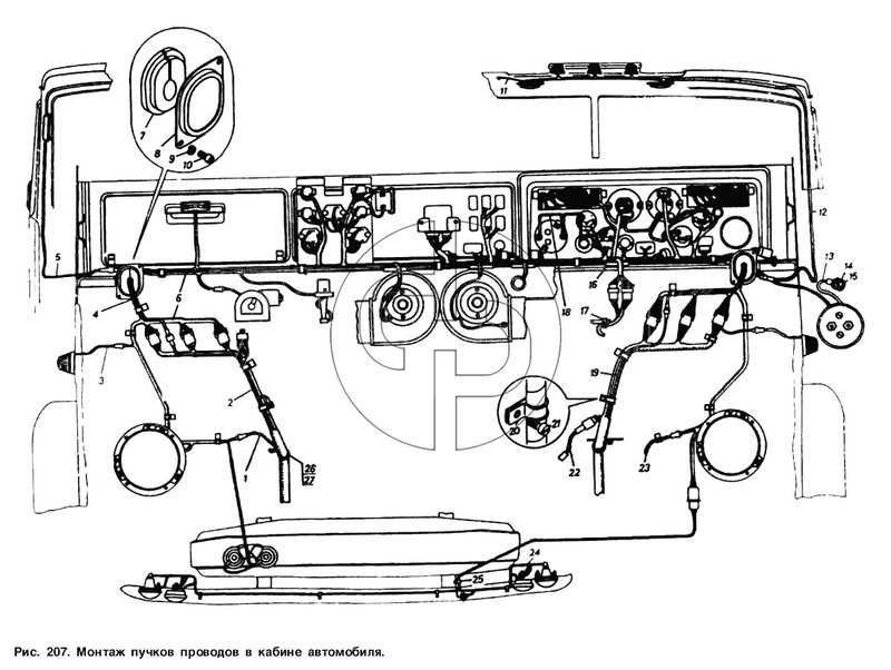Монтаж пучков проводов в кабине автомобиля (№2 на схеме)