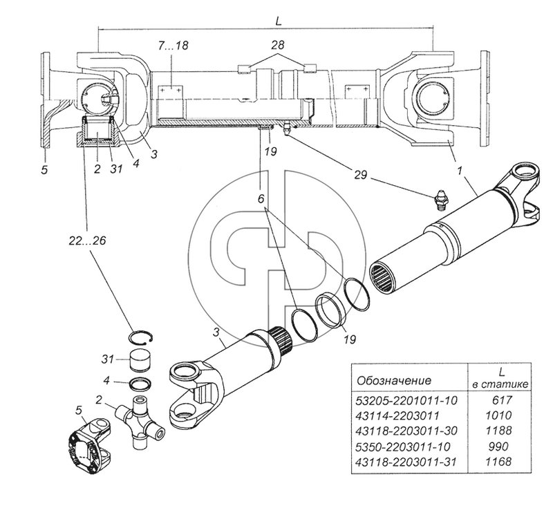 53205-2201011-10 Вал карданный заднего моста в сборе (№53205-2201011-10 на схеме)