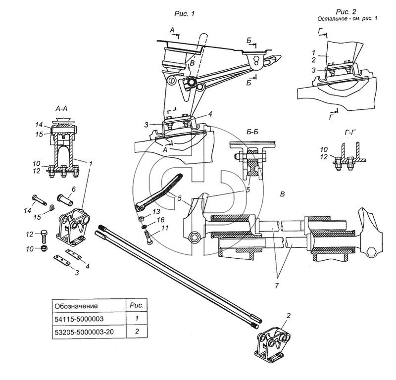 54115-5000003 Переднее крепление и механизм уравновешивания кабины (№7 на схеме)