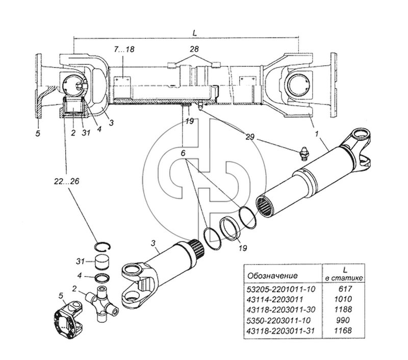 53205-2201011-10 Вал карданный заднего моста в сборе (№53205-2201011-10 на схеме)