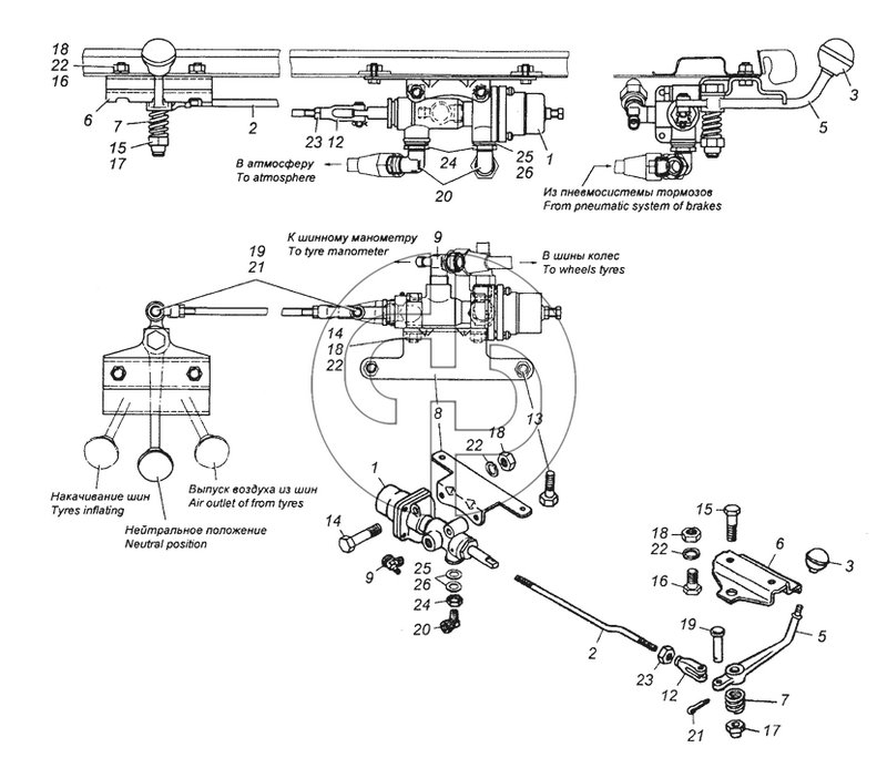 4310-3122001 Установка крана управления давлением системы накачки шин (№20 на схеме)