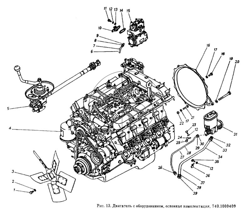 Двигатель с оборудованием, основная комплектация (№9 на схеме)