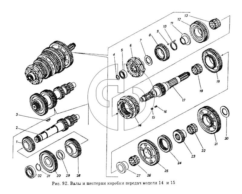 Валы и шестерни коробки передач модели 14 и 15 (№29 на схеме)