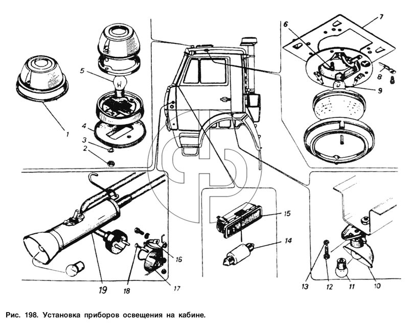 Установка приборов освещения на кабине (№4 на схеме)