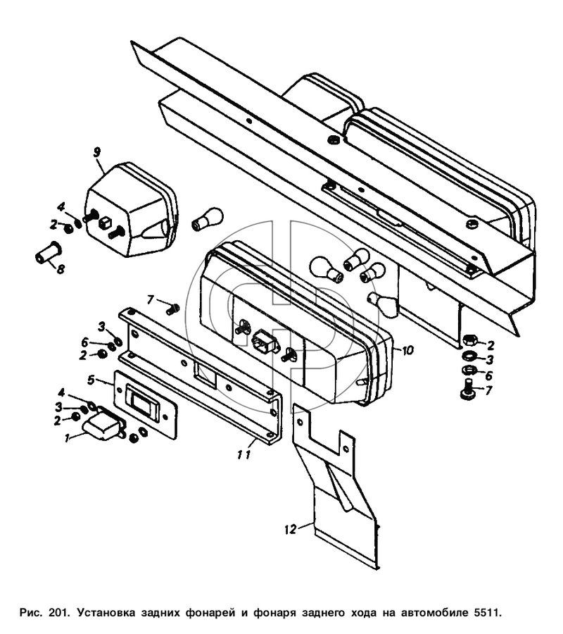 Установка задних фонарей и фонаря заднего хода на автомобиле 5511 (№1 на схеме)