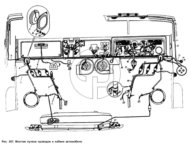 Монтаж пучков проводов в кабине автомобиля (№2 на схеме)