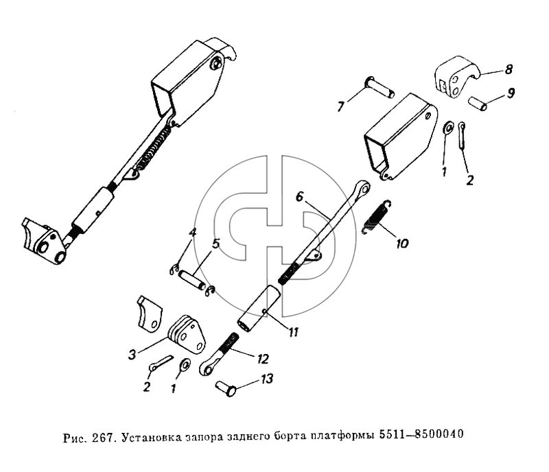 Установка запора заднего борта платформы 5511-8500040 (№8 на схеме)