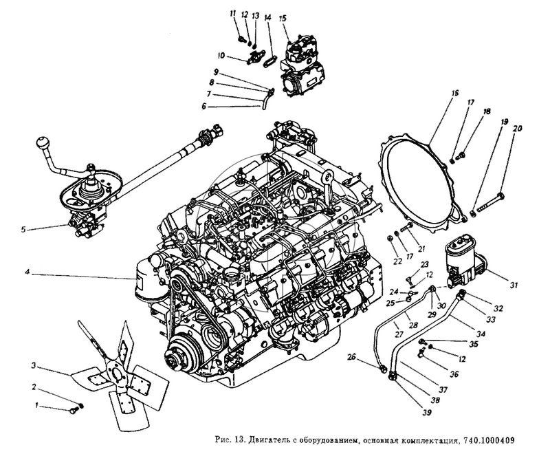 Двигатель с оборудованием, основная комплектация (№9 на схеме)