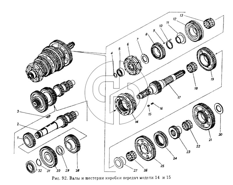 Валы и шестерни коробки передач модели 14 и 15 (№29 на схеме)