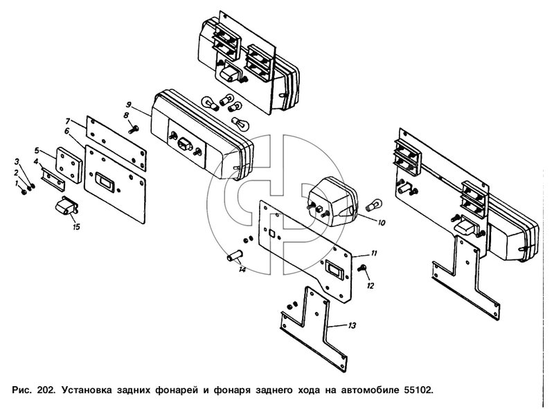 Установка задних фонарей и фонаря заднего хода на автомобиле 55102 (№15 на схеме)