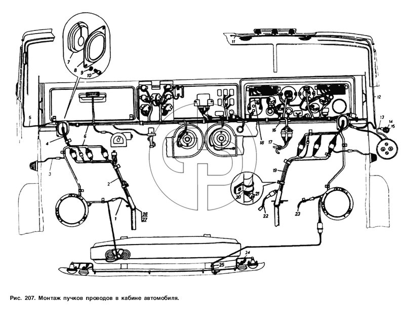 Монтаж пучков проводов в кабине автомобиля (№2 на схеме)