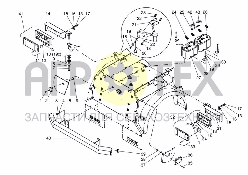 Чертеж REAR CHAS. BUMPER, BATTERY, LIGHTS, LABELS - DUO22