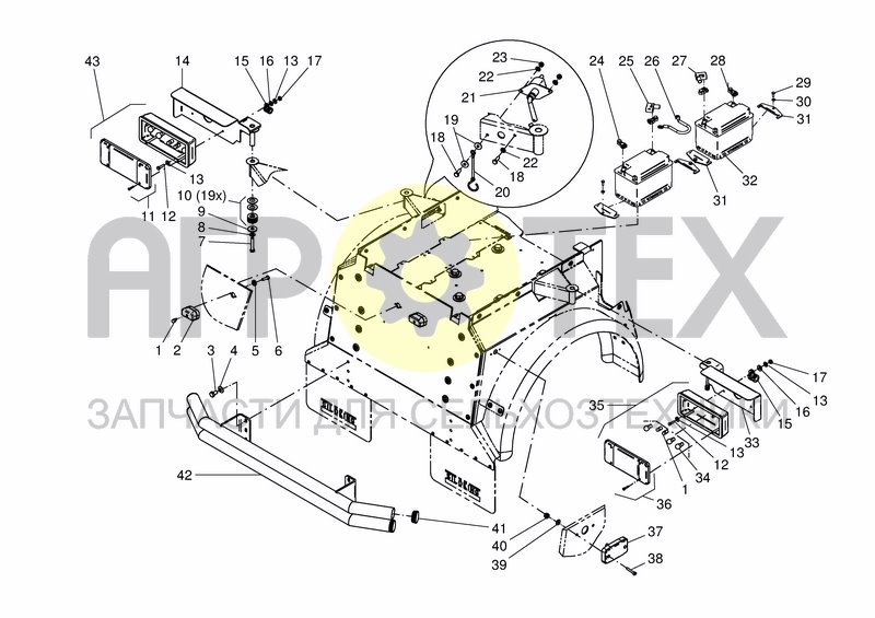 Чертеж REAR CHAS. BUMPER, BATTERY, LIGHTS, LABELS - DUO22