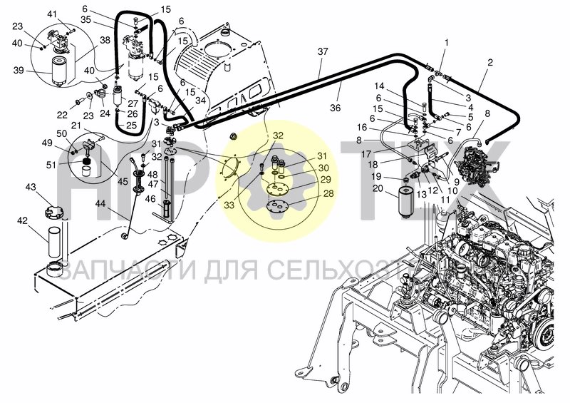 Чертеж FUEL & HYD. TANK, FUEL LINE FINE FILTERSYST 6CYL. FROM S.NR. 69583