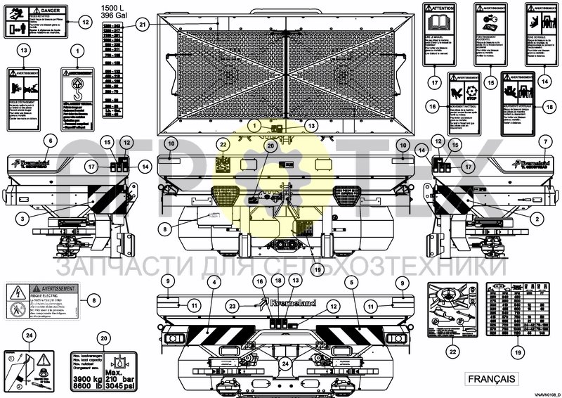 Чертеж DECAL SCHEMATIC ANSI FR 1500 L / 396 GAL