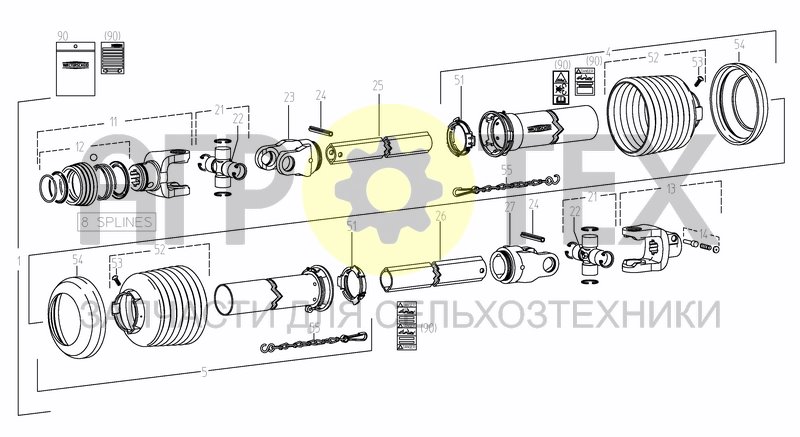 Чертеж UNIV. JOINT SHAFT 8 SPLINES