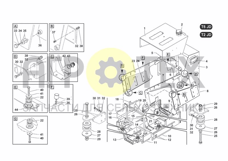 Чертеж ENGINE SUPPORT FRAME AND COVERS T5 JD (300HP) / T5 JD (250HP) / T2 JD (250HP)