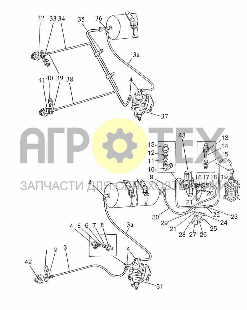 Трубопроводы и арматура пневмопривода тормозов прицепа (№22 на схеме)