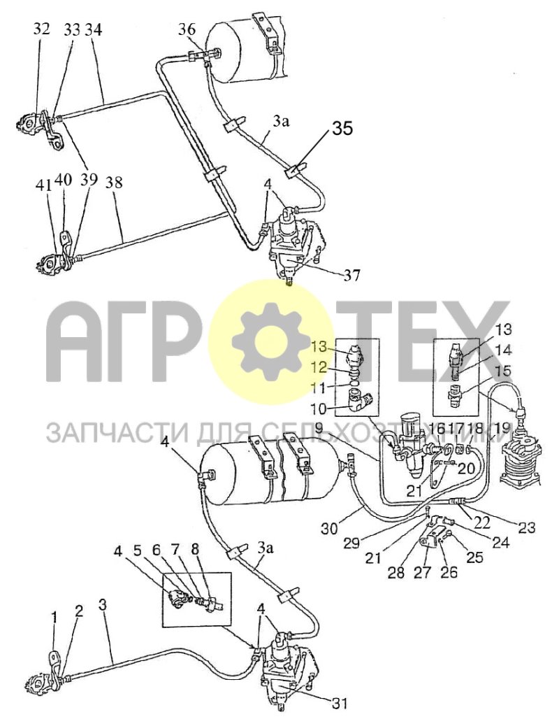 Трубопроводы и арматура пневмопривода тормозов прицепа (№22 на схеме)