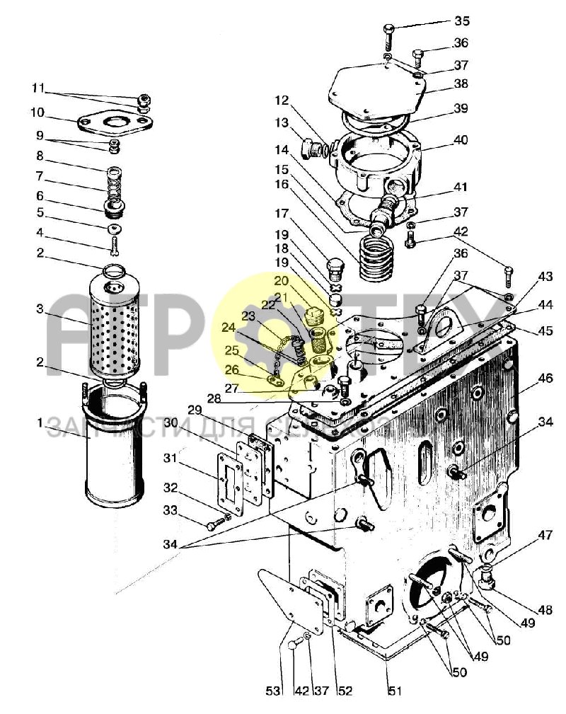 Корпус гидросистемы и фильтр (№31 на схеме)